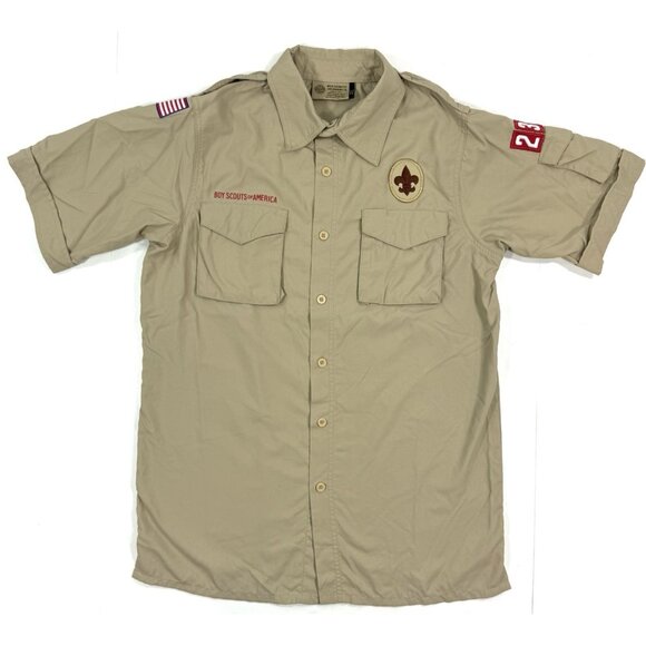 Boy Scouts Of America BSA Adult Uniform Shirt Mens Sz Small Nylon Khaki Patches - Picture 1 of 13